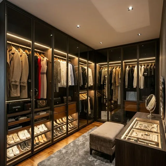 Sleek glass wardrobe shutters with aluminum profiles and interior LED lighting in luxury suite