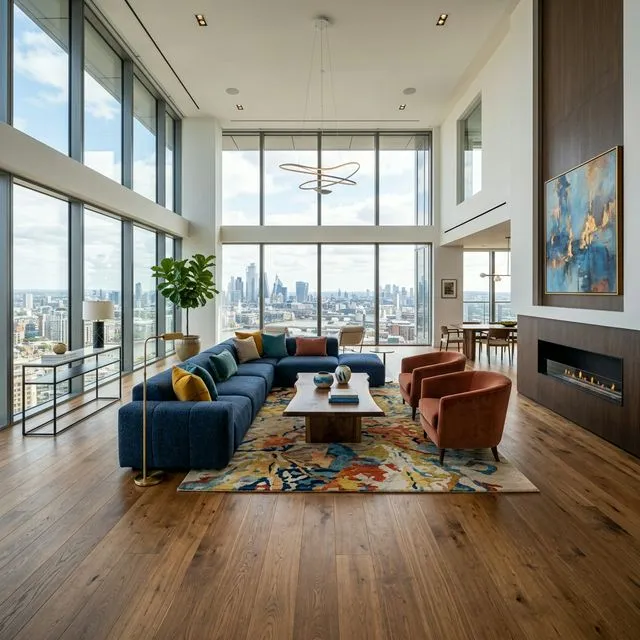 High-end contemporary living room with premium European oak wide-plank wooden flooring