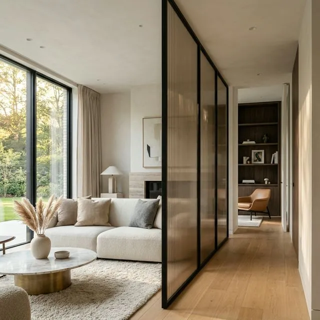 Minimalist glass partition with fluted texture for modern space division