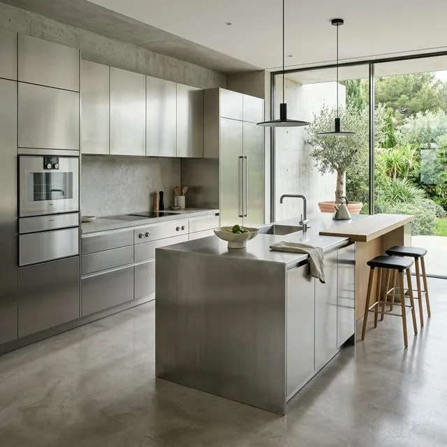 Premium modular kitchen with island layout, veneer shutters and soft-close hardware in Hyderabad villa