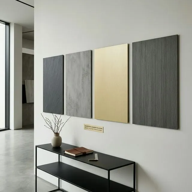 Premium HPL laminate samples showing different finishes for kitchen bedroom and office interiors