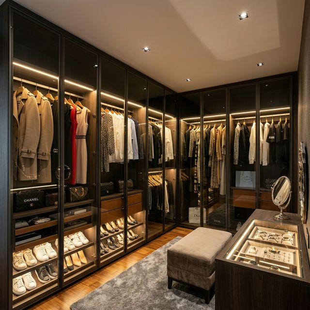 Sleek glass wardrobe shutters with aluminum profiles and interior LED lighting in luxury suite