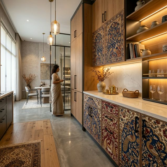 Traditional Kalamakri art patterns on modern designer laminates for luxury interiors