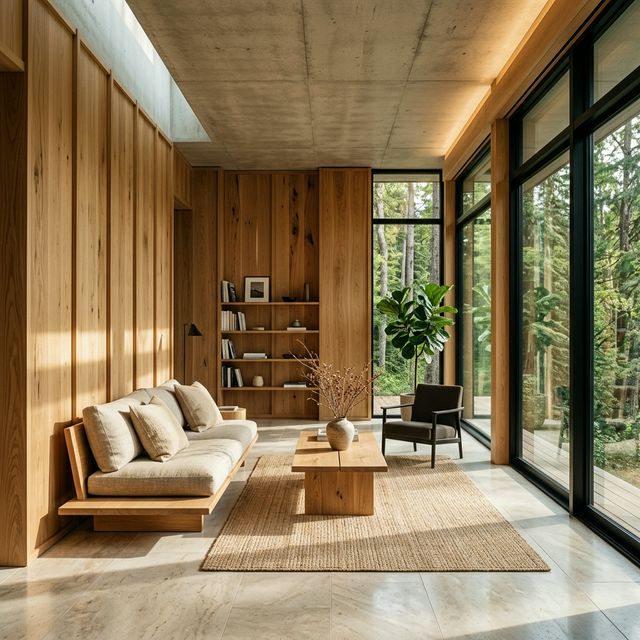Natural wooden veneers in eco-friendly minimalist home interior design